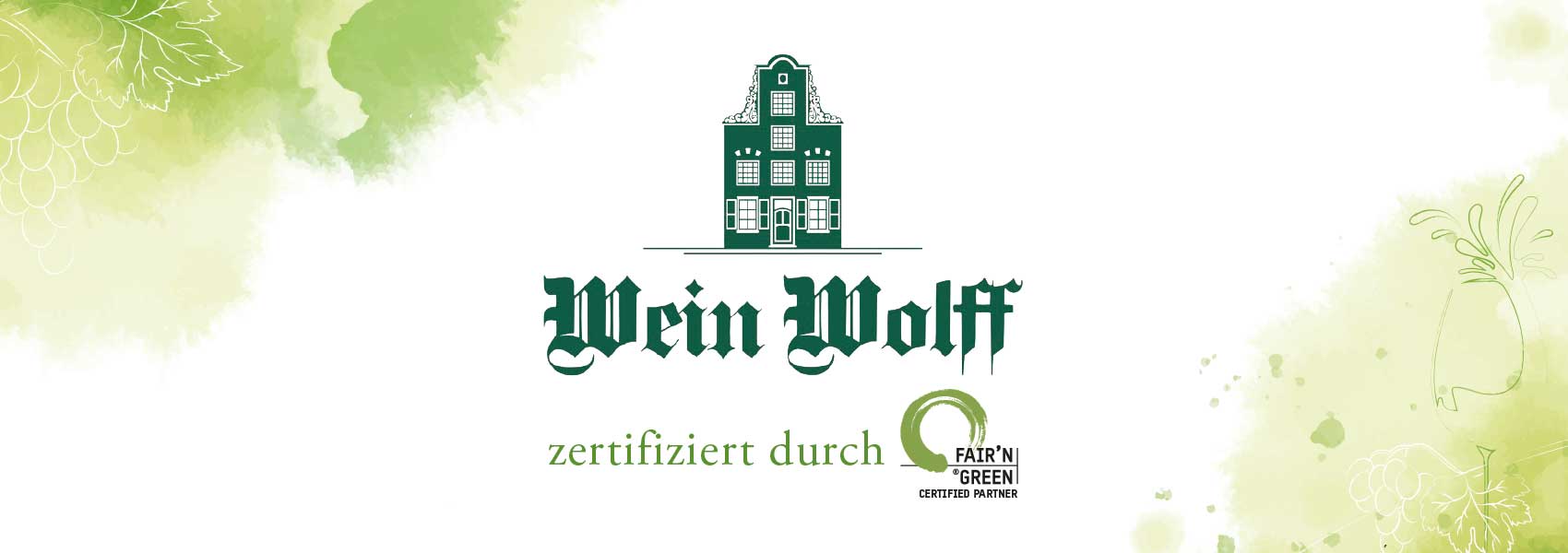 Banner mit Logo von "Fair and Green" und Wein Wolff